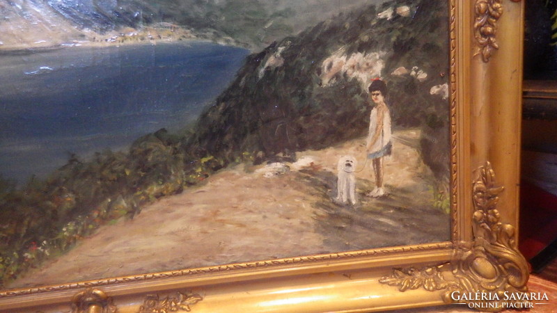 Signed oil-on-canvas landscape riverside painting with dog figure