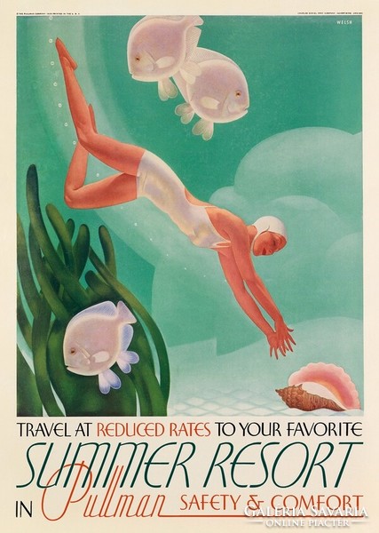 Art deco travel advertising poster reprint print 1936 tropics sea diver women's swimsuit diving fish
