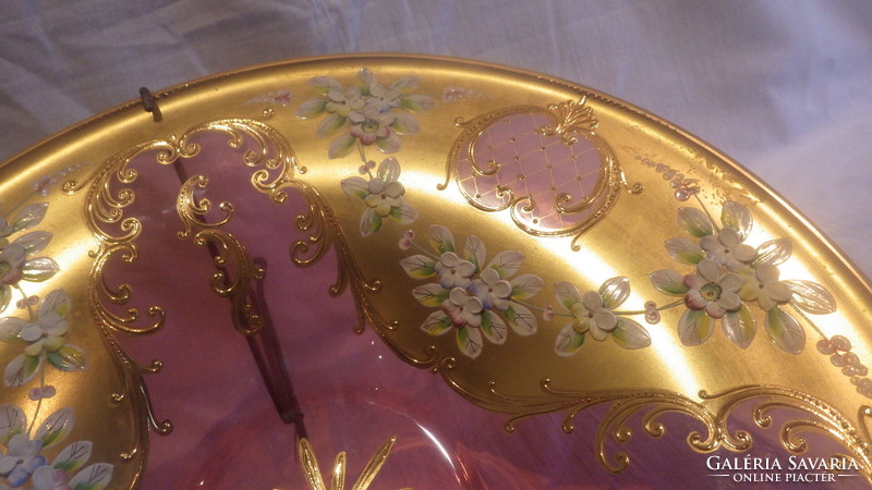 Cseh Bohémia aranyozott üveg falitál ritkaság plasztikus díszítéssel