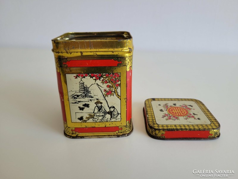 Old metal box square tea box oriental pattern Japanese