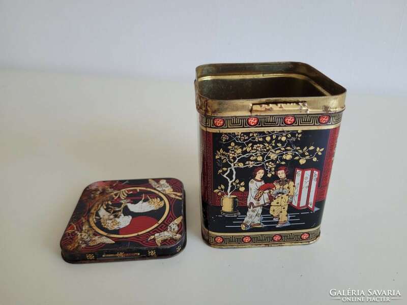 Old metal tea box with oriental pattern, Japanese