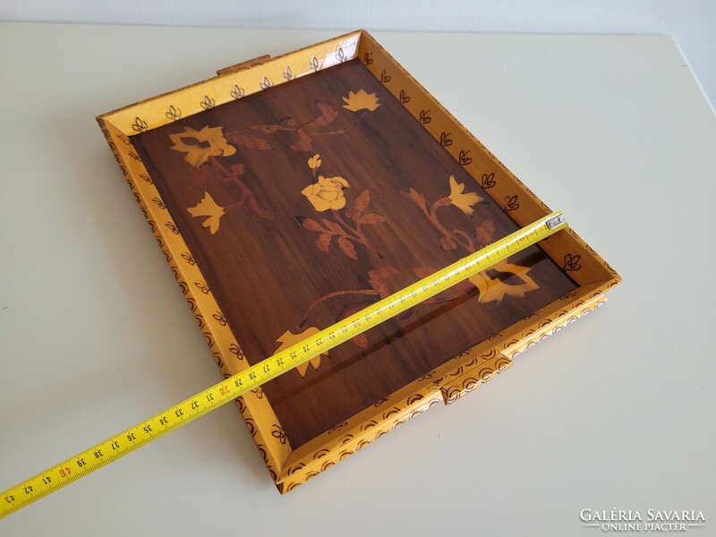 Old retro rose pattern inlaid wooden tray 40.5 cm