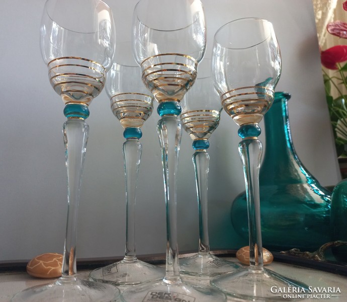 Special hand-made (der design) liqueur glass 5 pieces, turquoise and gold