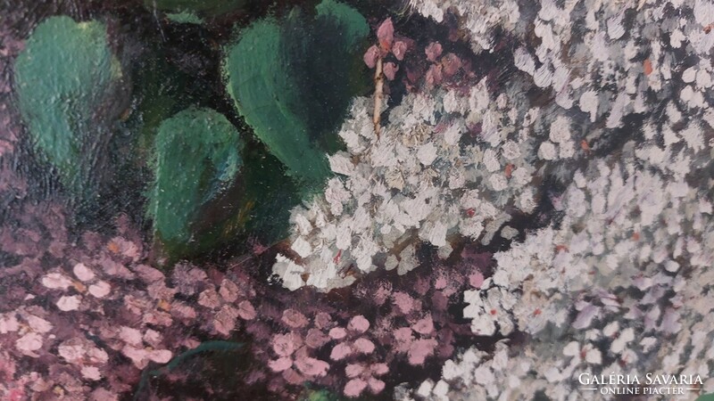 (K) Nagyon szép orgona virágcsendélet festmény 80x65 cm kerettel