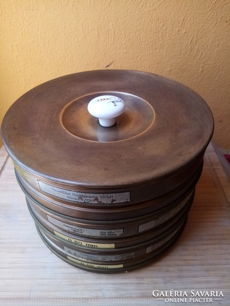 3 Pcs. Old copper laboratory sieve with porcelain button lid.