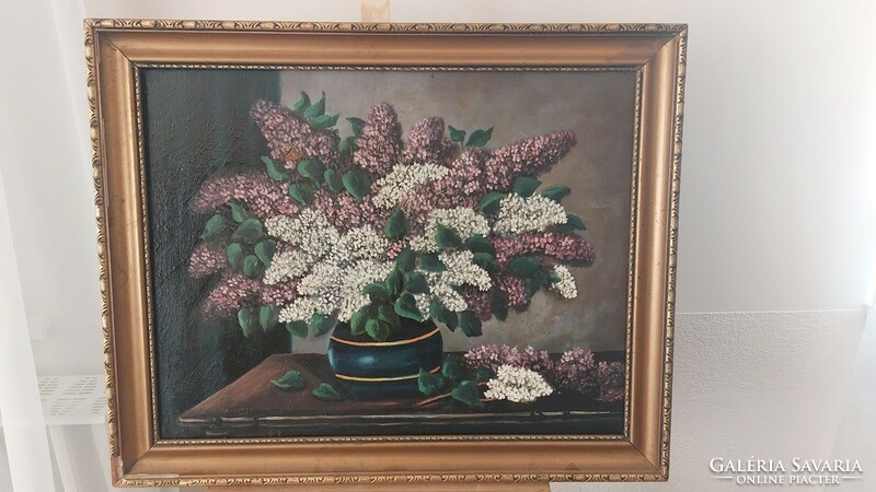 (K) Nagyon szép orgona virágcsendélet festmény 80x65 cm kerettel