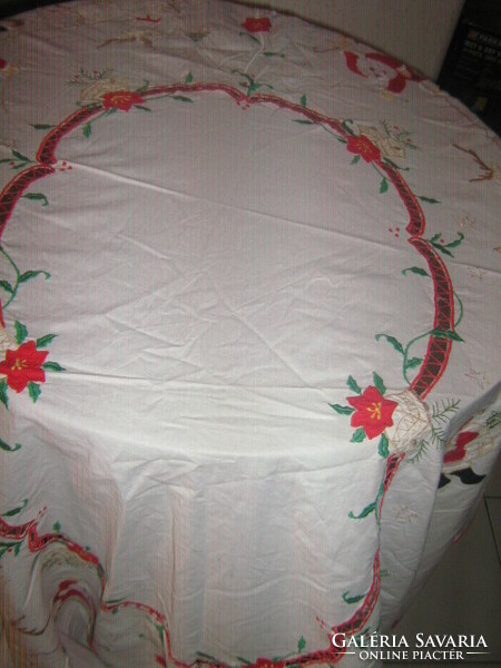 Beautiful stitched Santa poinsettia huge machine embroidered tablecloth