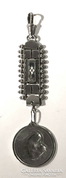 Silver enameled officer's watch chain with madonna silver pendant 17.1 grams 12 cm long