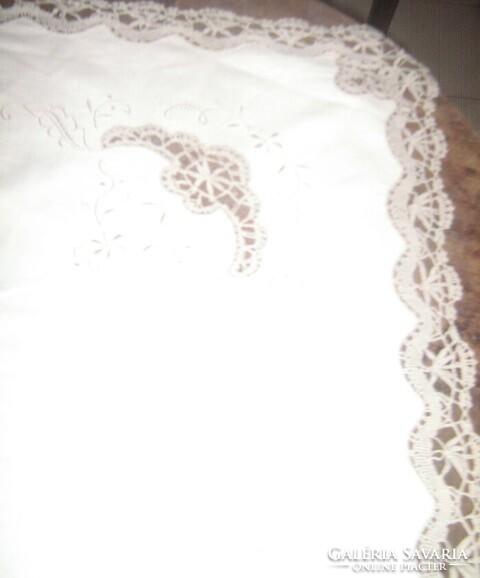 Beautiful crochet lace inset embroidered huge butter colored graphite gray inset needlework tablecloth