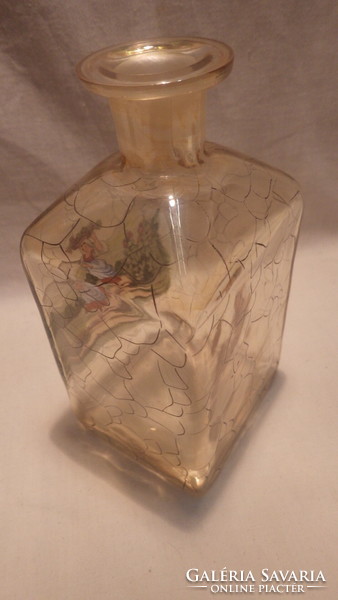 Antik festett üveg palack , nő fején kosárral