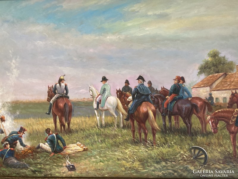 Soldiers on horseback resting / oil painting