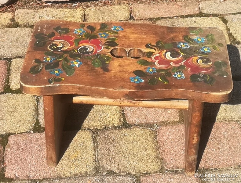 Stool made of old solid wood, painted folk, 35 cm long, 20 cm high