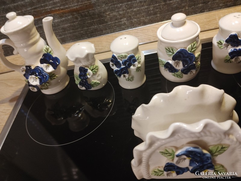 Mutatós kék árvácskás  fűszer szalvéta és olajtartók porcelánból