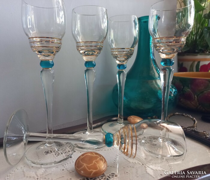 Special hand-made (der design) liqueur glass 5 pieces, turquoise and gold