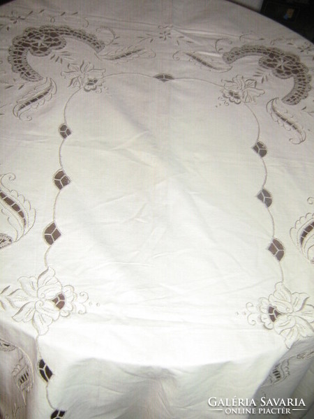 Beautiful crochet lace inset embroidered huge butter colored graphite gray inset needlework tablecloth