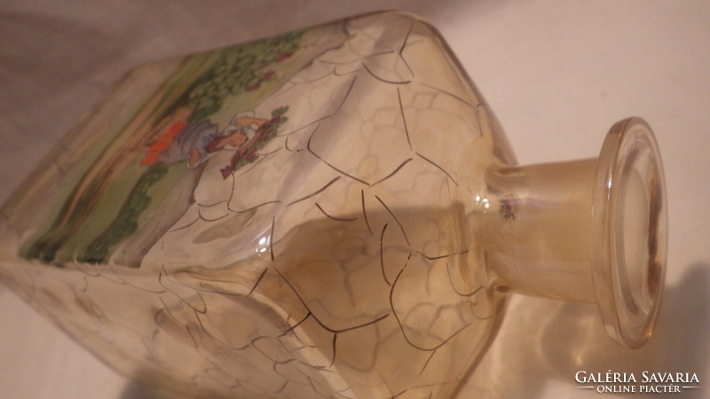 Antique painted glass bottle, woman with a basket on her head