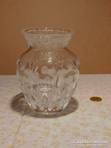 Incised etched crystal vase