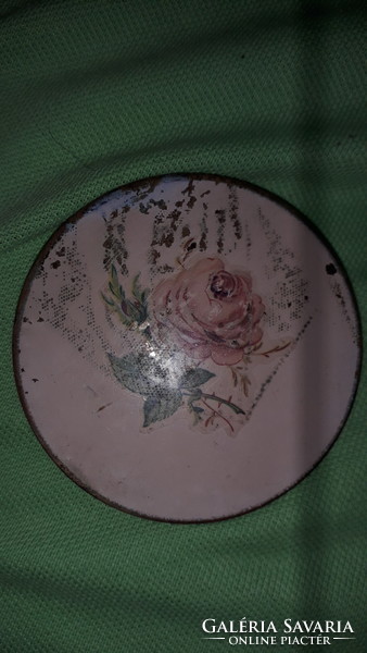 Antik réz / fém festett rózsás tükrös púderes kör tartó doboz 8 cm átmérő a képek szerint