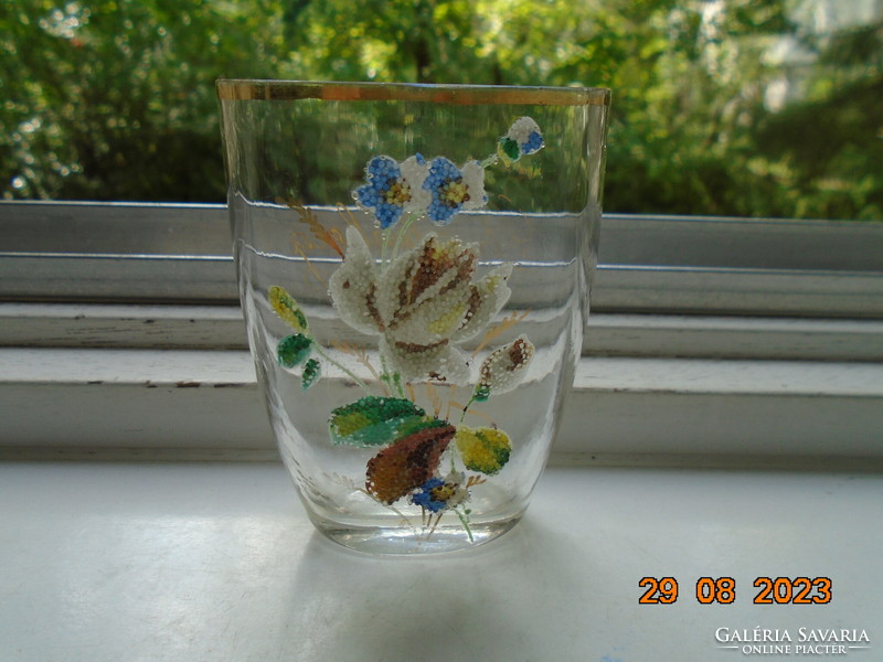 A German flat commemorative cup with a rose made of small colored glass spheres using an interesting technique