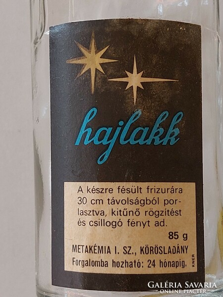 Régi Hajlakk retro címkés palack fodrász kellék Metakémia I.Sz. Kner