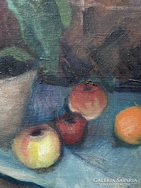 Floral still life apple and orange fruit on the table oil canvas painting