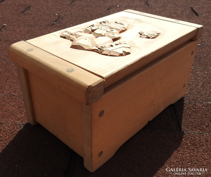 Carved wooden box with a village scene - folk carving