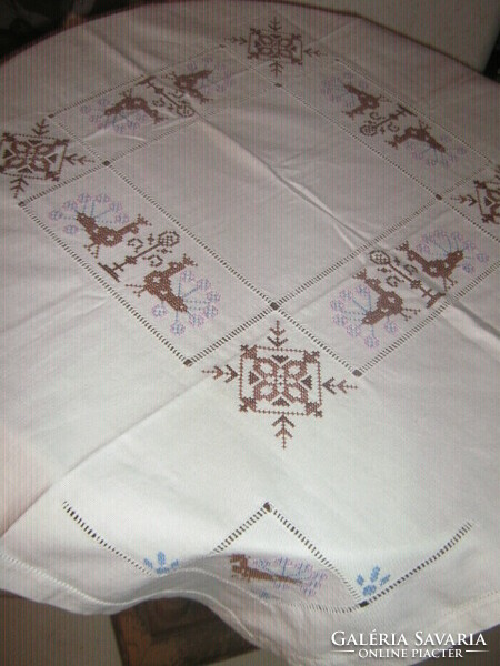 Beautiful hand-embroidered cross-stitch peacock needlework tablecloth