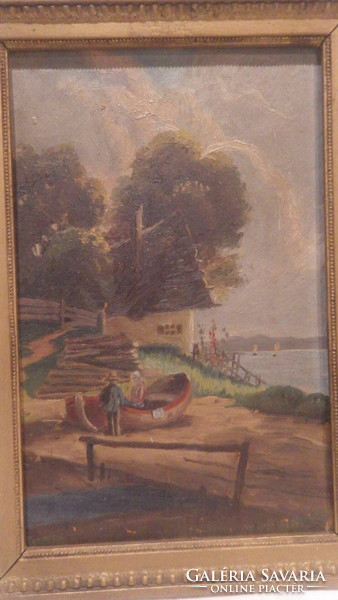 Varga oil - cardboard painting boat scene