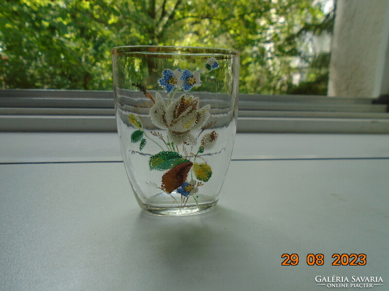 Érdekes technikával apró színes üveg gömböcskékből kirakott rózsával német lapos emlékpohár