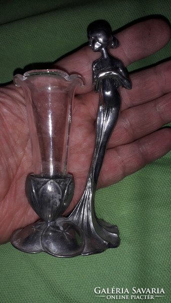 1960.cca GYÖNYÖRŰ ART DECO ezüstözött fém figurás díszes apró üveg ibolyaváza hibátlan képek szerint
