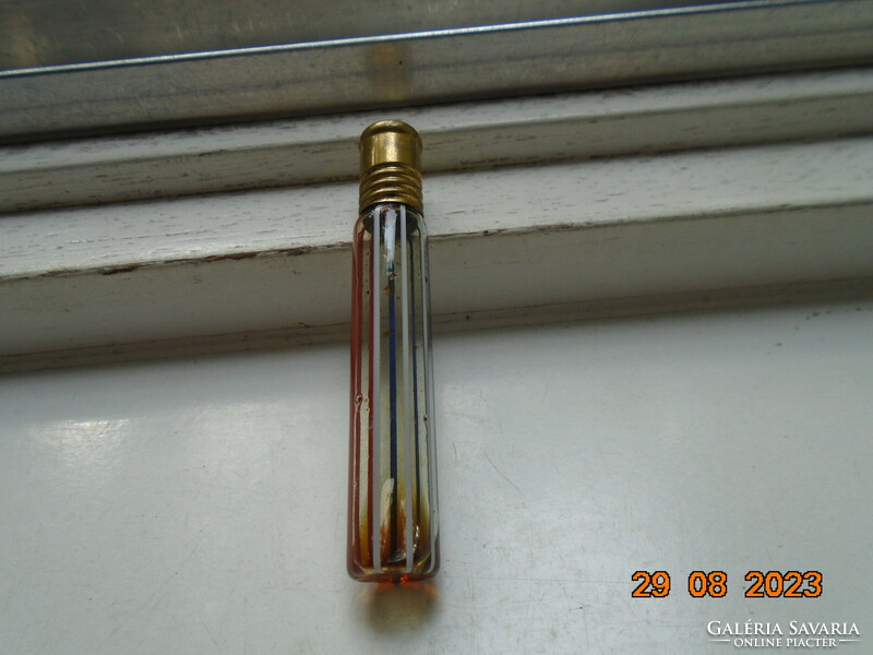 1920 Gardenia English fragrance vial with gilded cap, colored vertical red, blue and white lines