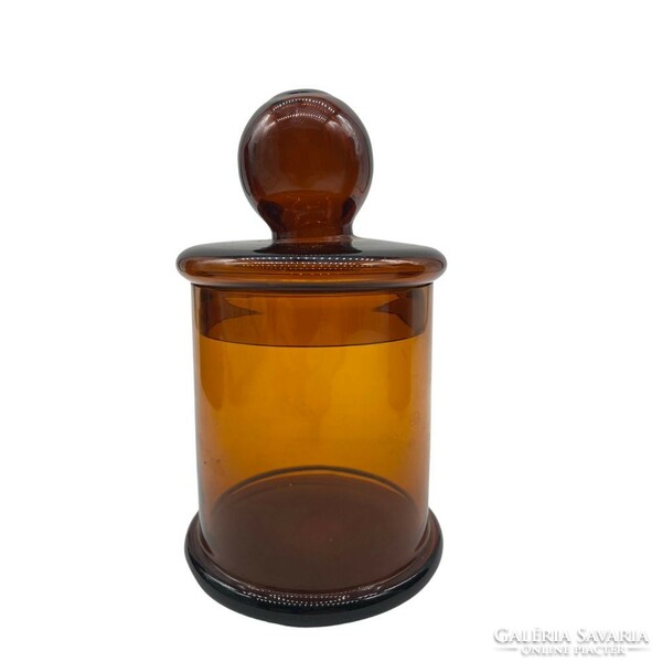 Apothecary glass, caramel translucent glass, ball on the lid with tongs - m1369-1371