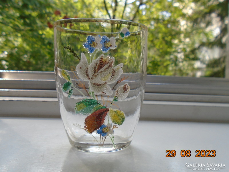 A German flat commemorative cup with a rose made of small colored glass spheres using an interesting technique