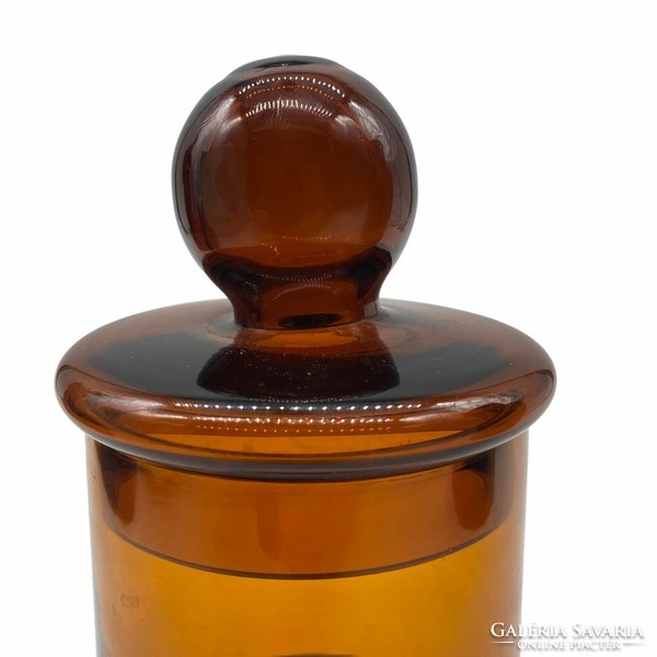 Apothecary glass, caramel translucent glass, ball on the lid with tongs - m1369-1371