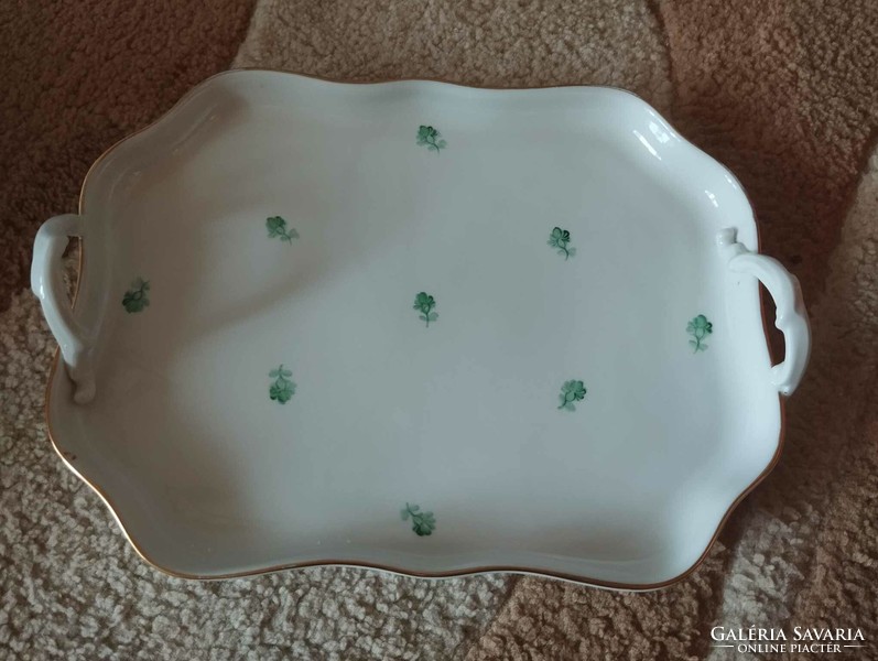 Herend porcelain green floral zve patterned tray with handles