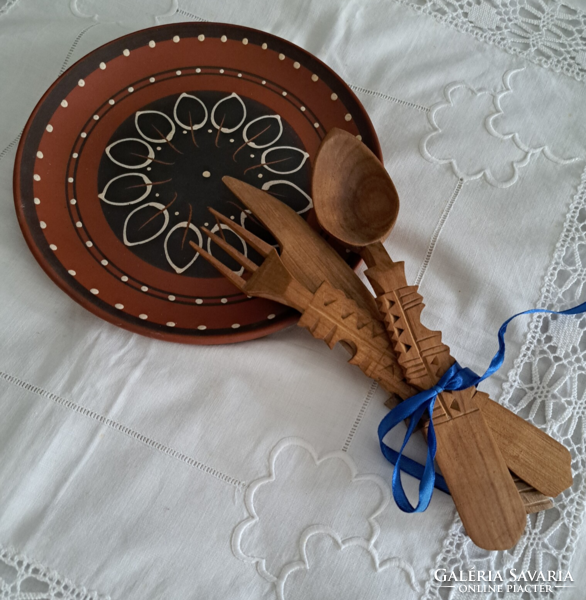 Carved spoon, knife, fork + folk plate