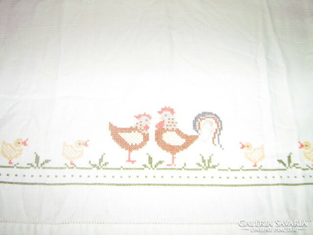 Beautiful hand-embroidered cross-stitch rooster needlework tablecloth