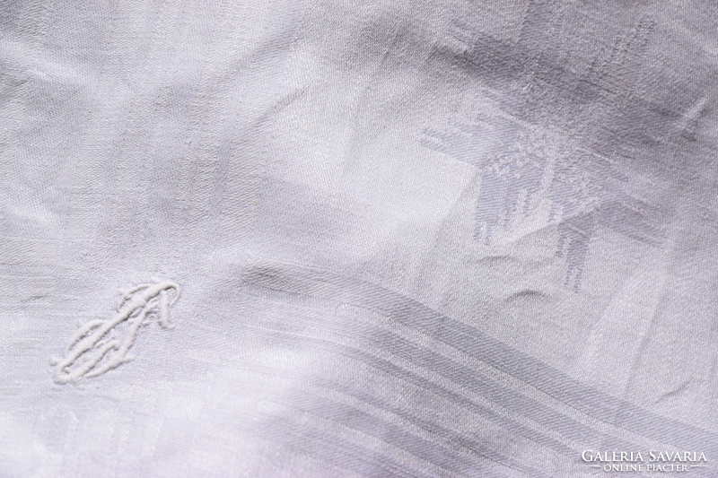 Old art deco large damask napkin tea towel tablecloth ice flower large monogram 70 x 65