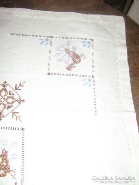 Beautiful hand-embroidered cross-stitch peacock needlework tablecloth