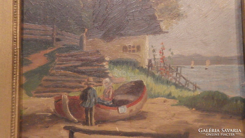 Varga oil - cardboard painting boat scene