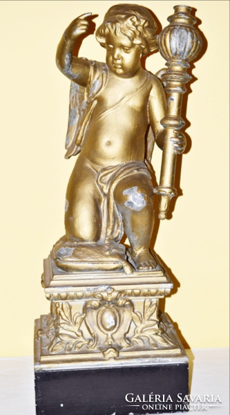 Gilded building ornament with an angel's torch, painted tin plate, 81 cm high