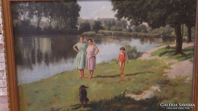 Waterside walk oil on canvas painting