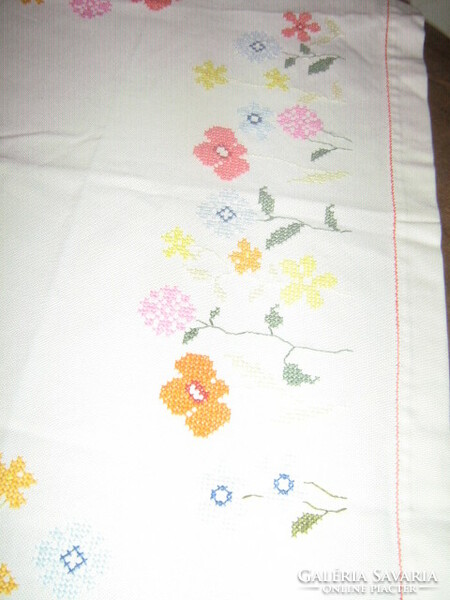 Beautiful hand embroidered cross stitch floral needlework tablecloth
