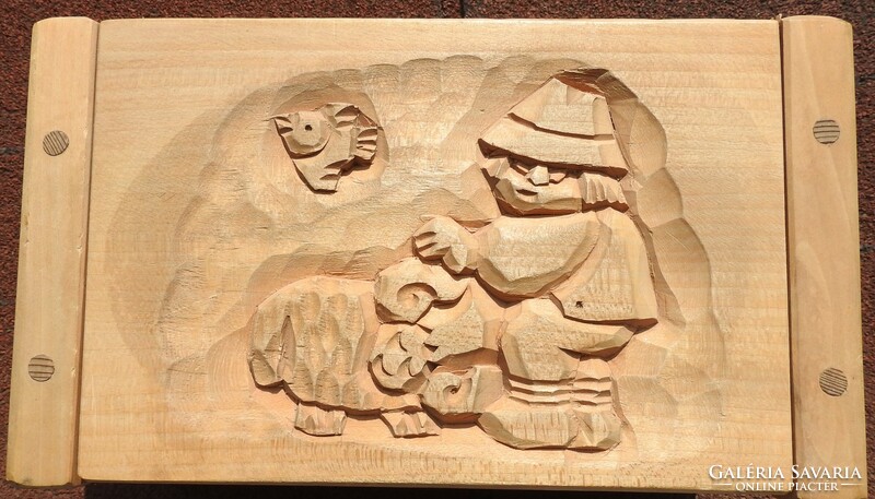 Carved wooden box with a village scene - folk carving