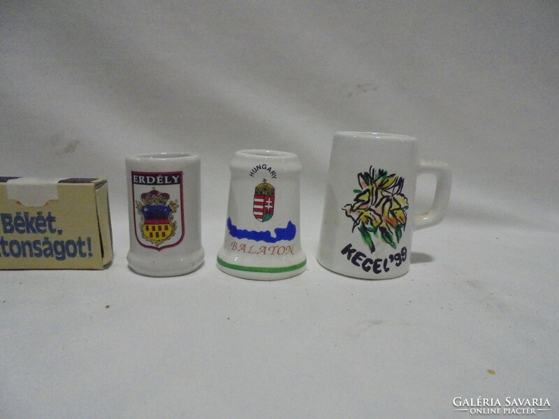 Three mini beer mugs, souvenirs - balaton, Transylvania, kecel - together