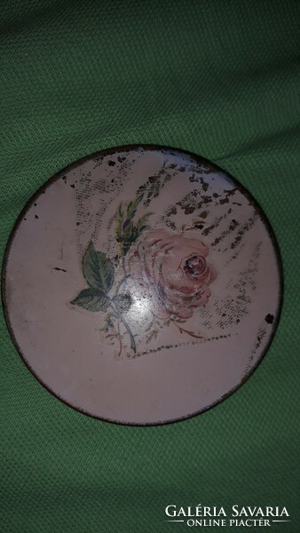 Antik réz / fém festett rózsás tükrös púderes kör tartó doboz 8 cm átmérő a képek szerint