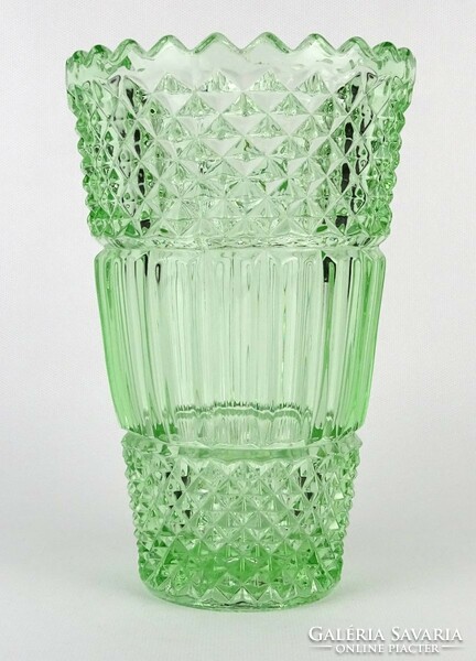 1O018 mid century green pressed glass vase 20 cm