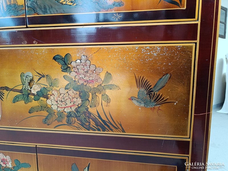 Antique Chinese furniture painted plant bird motif large gold lacquer 5 door cabinet 604 7799