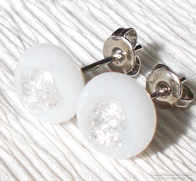 Stainless steel! White handmade glass earrings with a diamond shine