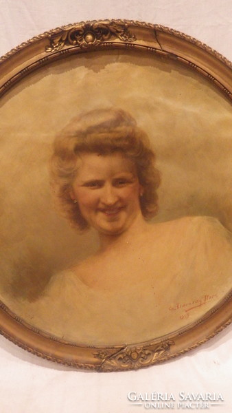 Udvardy Flóra női portré festmény , kerek